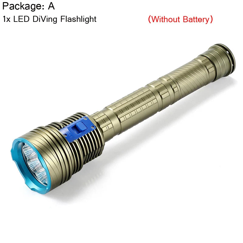 torche plongée rechargeable led dorée bleue rayures horizontales moderne robuste interrupteur bleu 200 500mètres