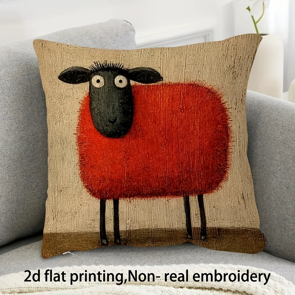 housse coussin mouton noir illustration cartoon zip beige rouge décoration maison 45x45cm