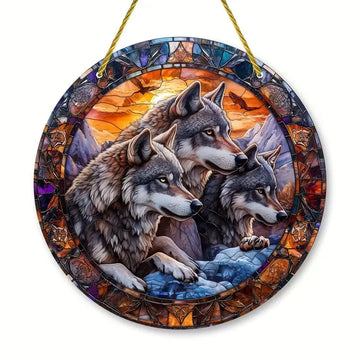 décoration murale ronde acrylique motif loup illustration animalière suspendue maison chambre