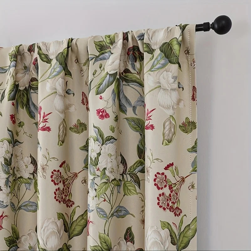 rideau pastoral fleurs papillons beige vert rouge opacité anti poussière réduction bruit fenêtre française