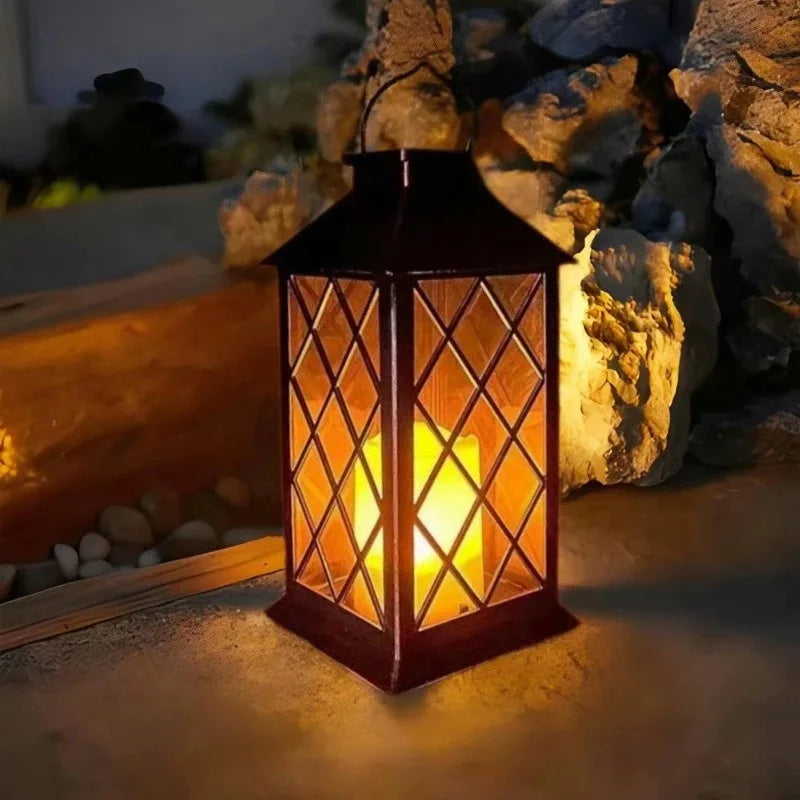 lanterne solaire marron doré carreaux vintage bougie led ip65 protection extérieure annuaire métallique