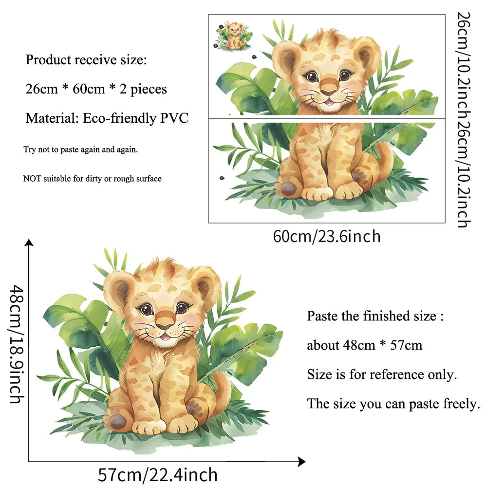 sticker mural lionceau illustration orange feuilles adhésif chambre enfants animal dessin animé pvc