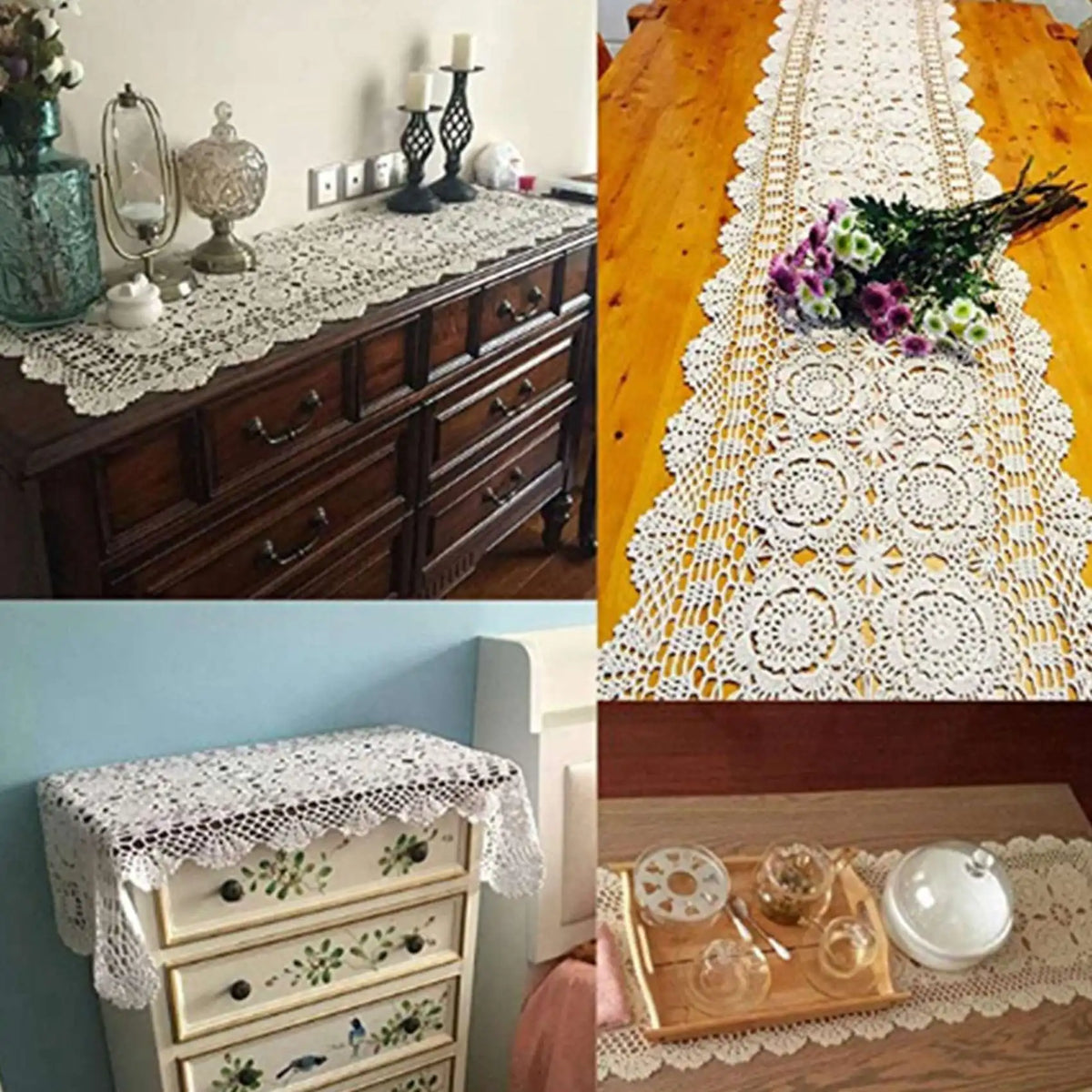 nappe blanche dentelle vintage motifs floraux crochetés rustique décoration table chambre