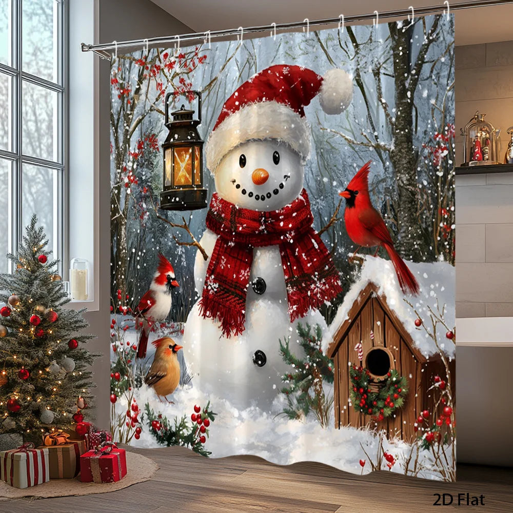 rideau douche imprimé noël bonhomme neige oiseaux cabane guirlande flocons opaques crochets blanc rouge