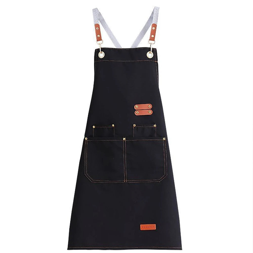 tablier cuisine imperméable toile noir beige classique utilitaire poche avant épaulettes métal