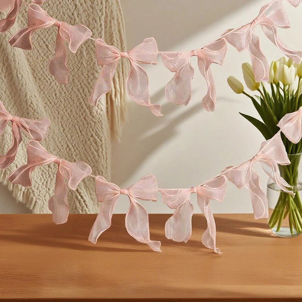 guirlande nœuds tulle rose clair blanc anniversaire mariage décoration festive élégante semi transparent 3mètres