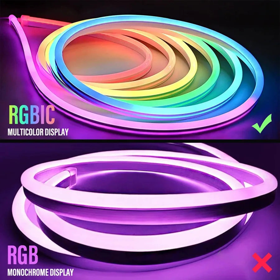ruban led néon multicolore bluetooth clips fixation application mobile synchronisation musicale décoration moderne lumières