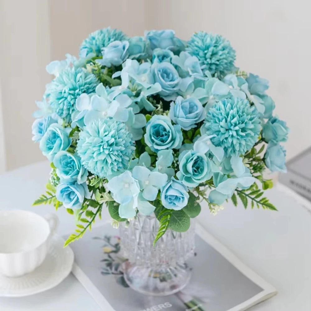 Bouquet fleurs artificielles rose blanc violet rouge bleu vase verre décoration intérieure moderne élégante