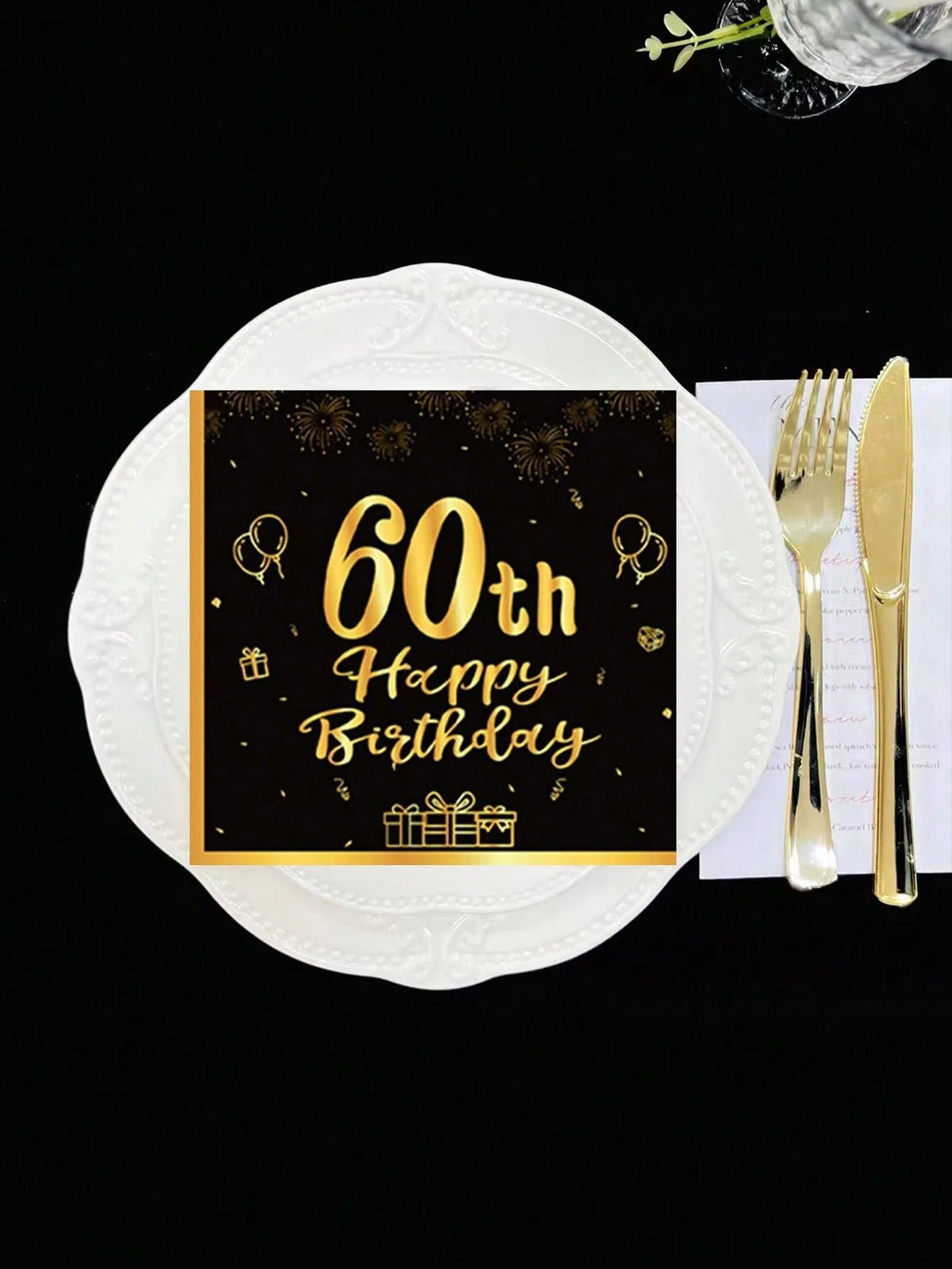 serviettes jetables anniversaire noires dorées ornementations élégantes fêtes confettis ballons cadeaux 20 pièces