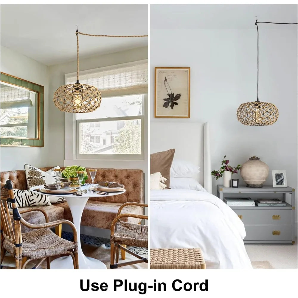 lampe suspendue tissage main cordes chanvre cadre métallique boho rustique naturel bois