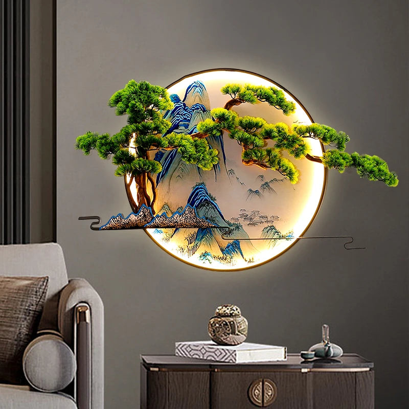 lampe murale décorative paysagère artisanale vert bleu beige doré montagnes arbres eau nuages