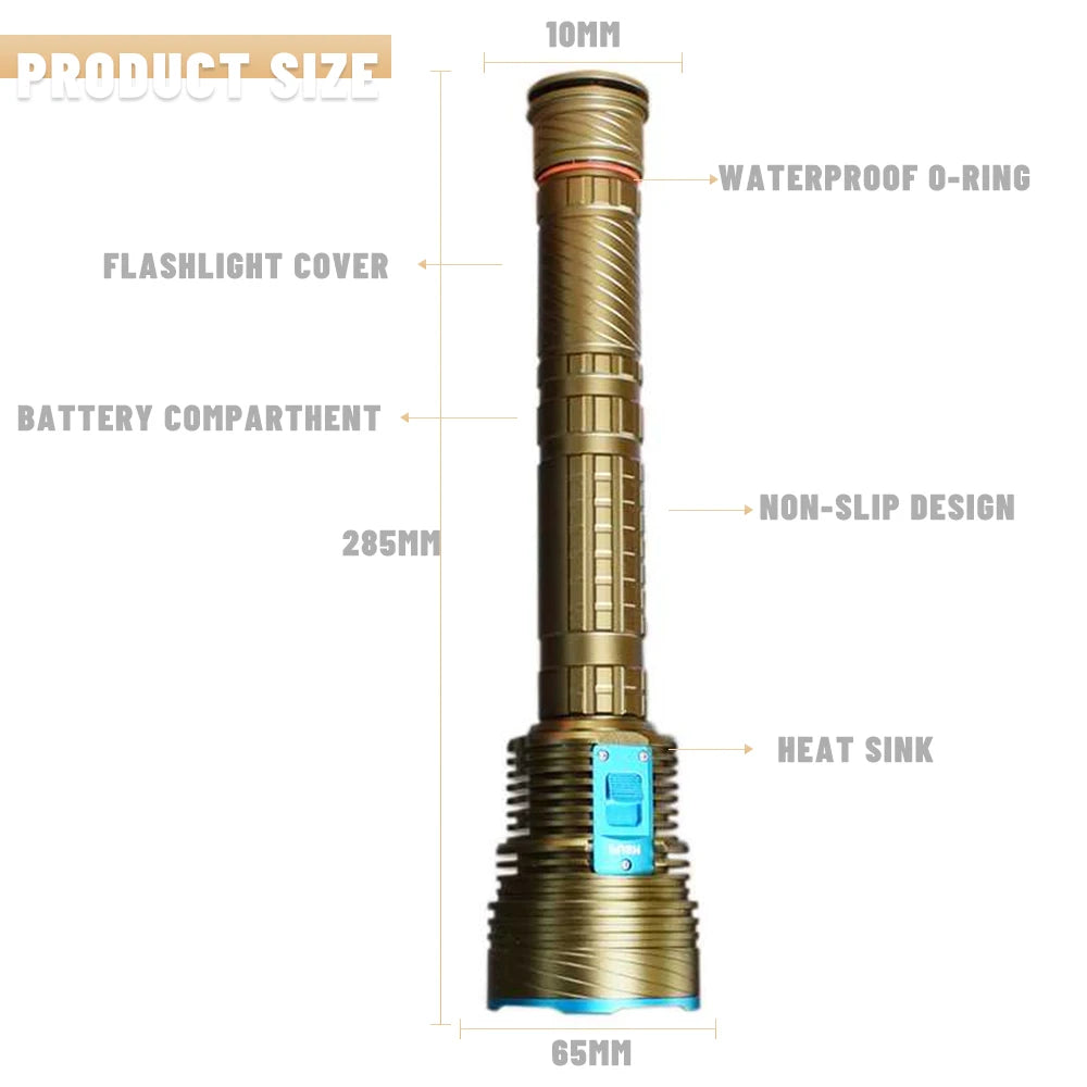 lampe torche rechargeable led blanc jaune mode stroboscope alliage aluminium robuste doré bleu