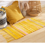 tapis boho moderne rayures horizontales noir blanc gris bleu jaune franges sol résistant