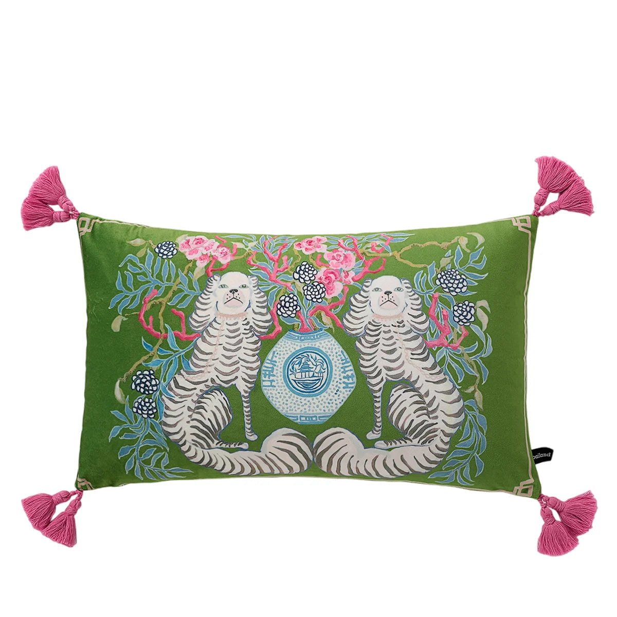 housse coussin scénique imprimé motif oriental cavaliers pagodes animaux moderne bleu rouge vert noir