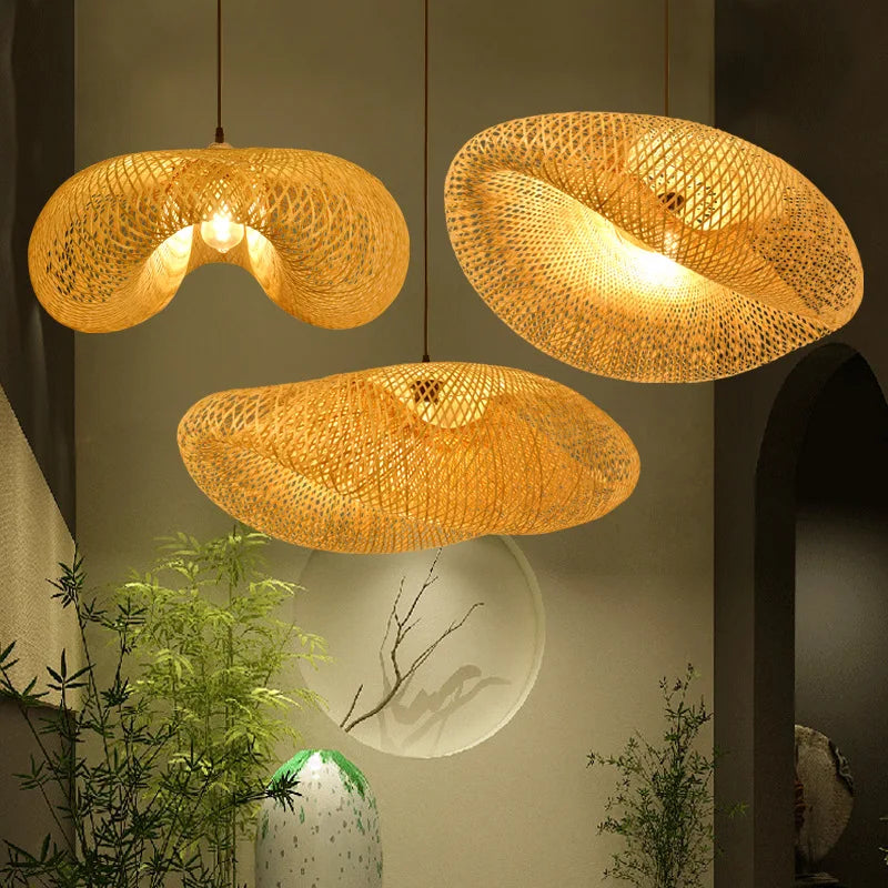 suspension lumineuse moderne tissée bambou fibre naturelle beige clair passe câble autonome