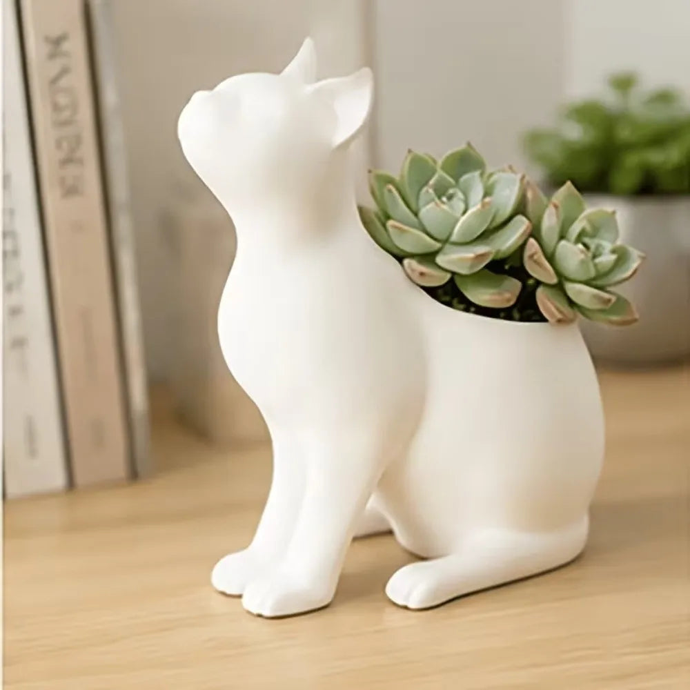 pots fleurs forme chat blanc moderne plateaux poterie glacé dimension 16x15x9cm succulentes décoration minimaliste