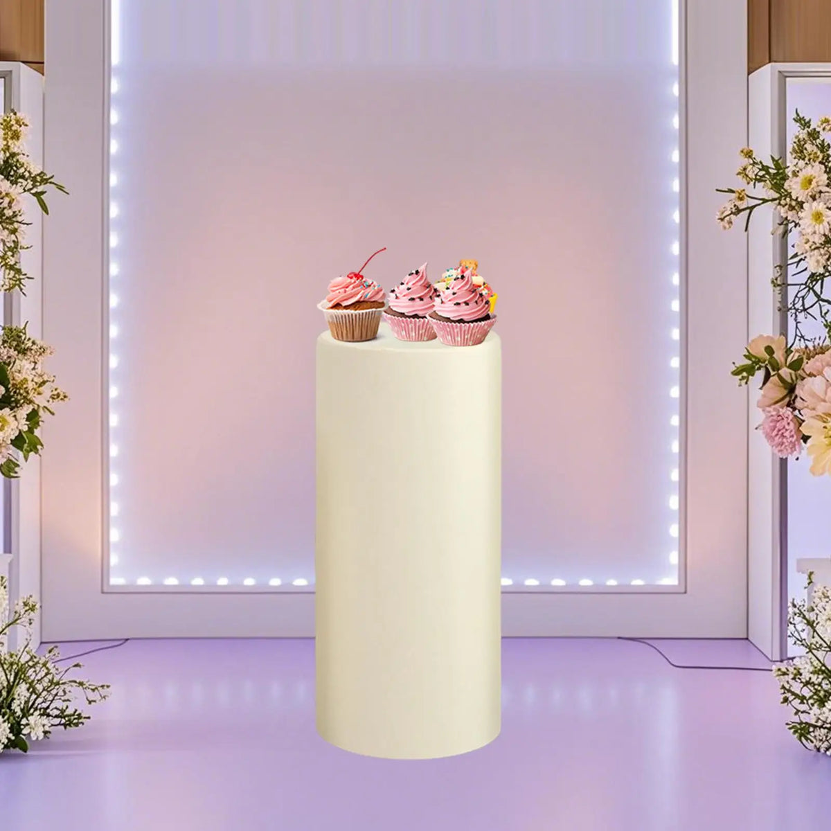 socle cylindrique tissu blanc crème mariage décoration fête desserts table led minimaliste