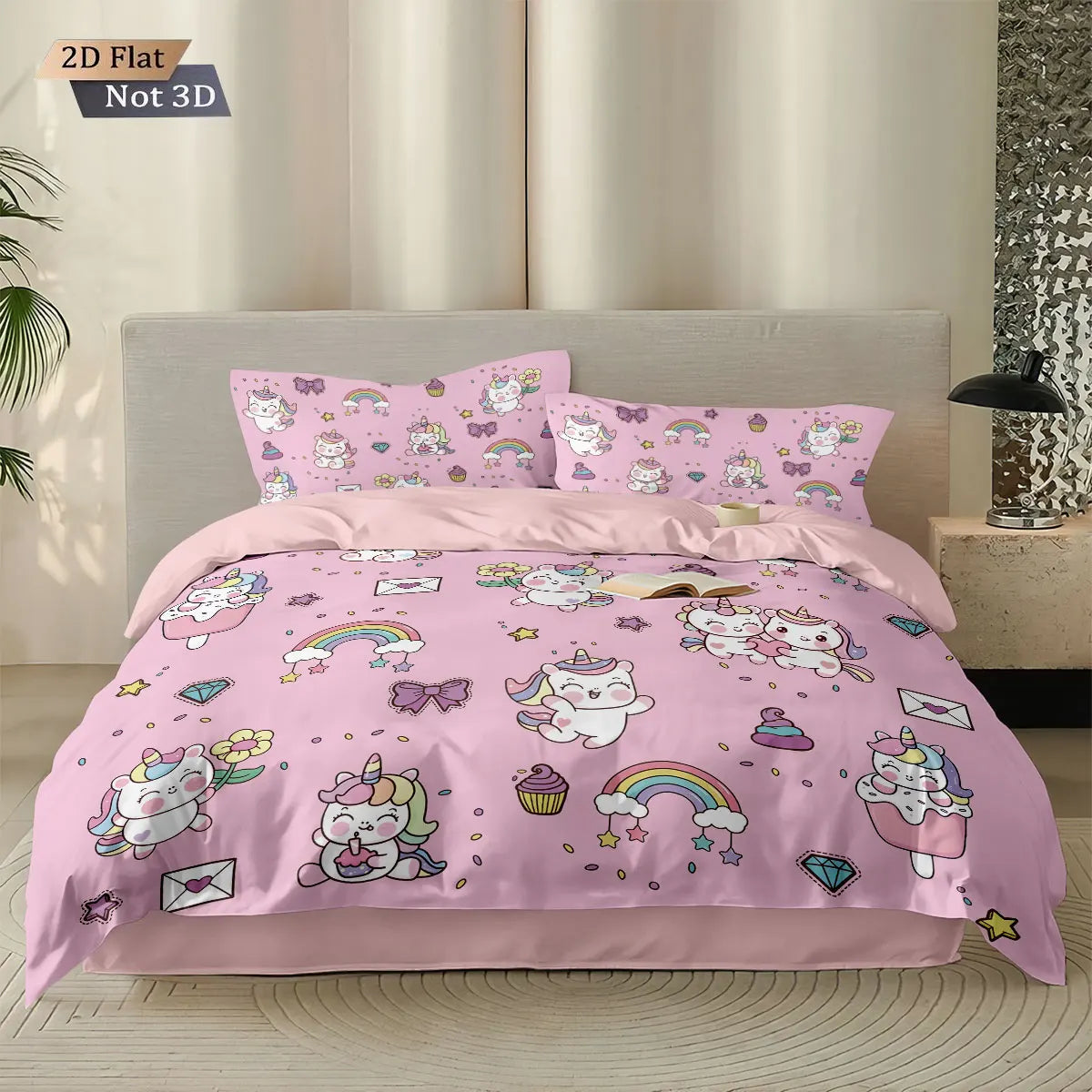 housse couette licorne mignonne rose clair dessin animé oreiller lit pièces polyester lavable machine