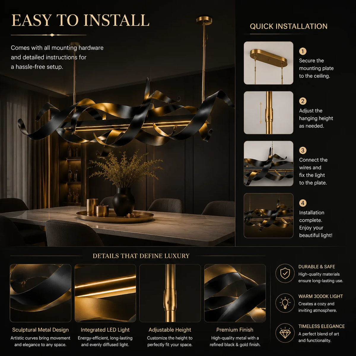 lampe suspendue moderne élégante noir doré sculptural finition métallique luxueuse 120cm adjustable