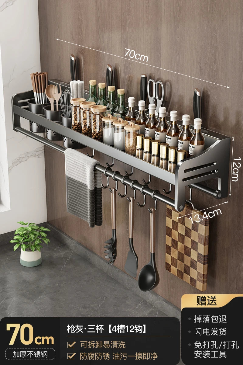 étagère murale cuisine ustensiles moderne sans perçage argentée 40cm 10 couteaux paires ciseaux horloge