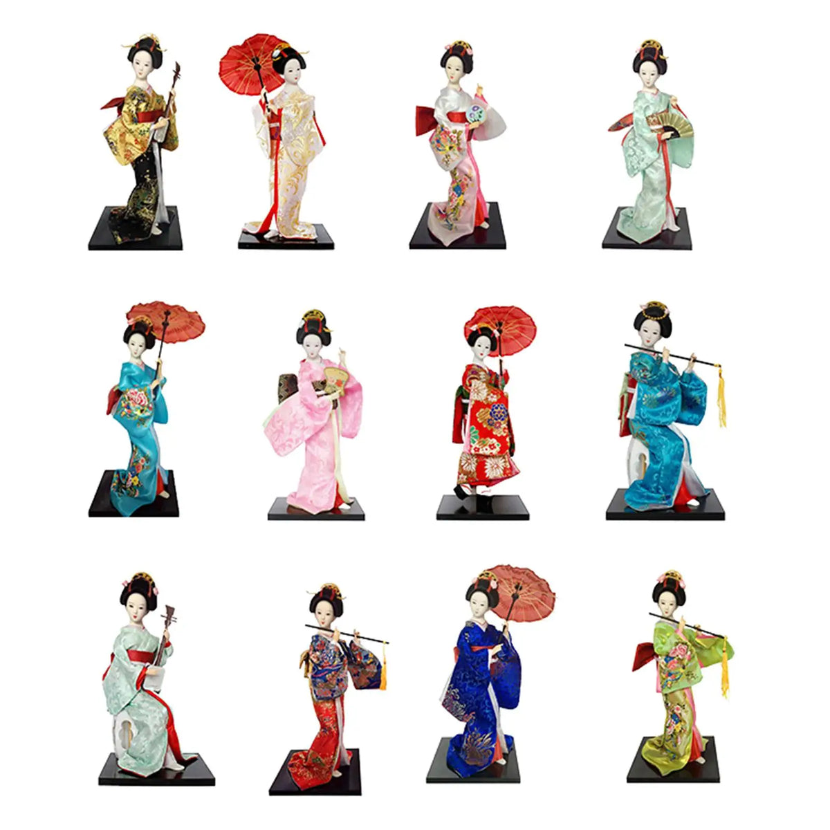 poupée japonaise geisha argile broderie florale motifs géométriques accessoires traditionnels blanc rouge vert bleu