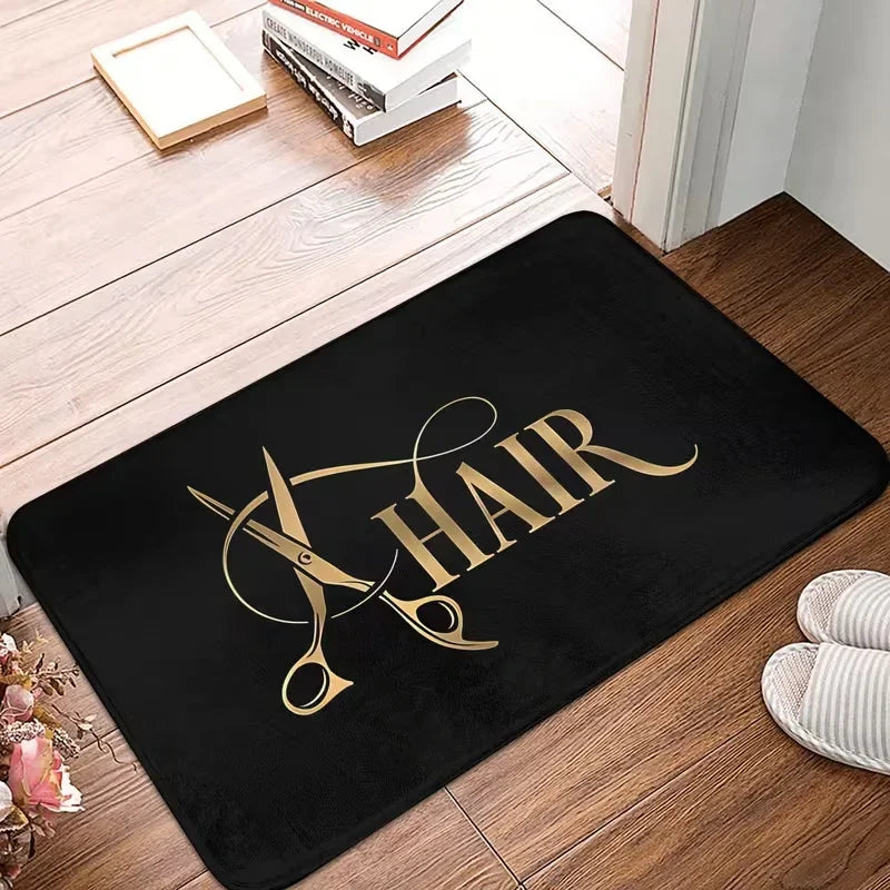 tapis sol moderne barbershop lampions rasoirs ciseaux noir rouge bienvenue salon