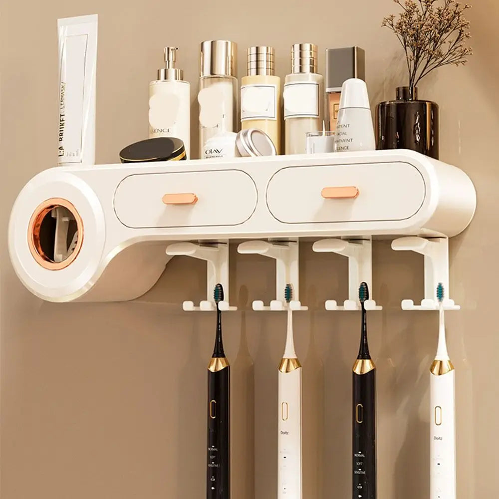 rangement mural blanc tiroirs adhésifs brosses dents produits cosmétiques moderne salle bain