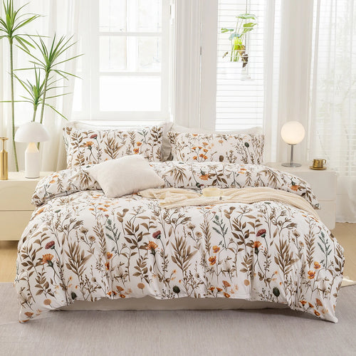 housse couette motif floral moderne pièces blanc cassé orange marron vert douce machine laver