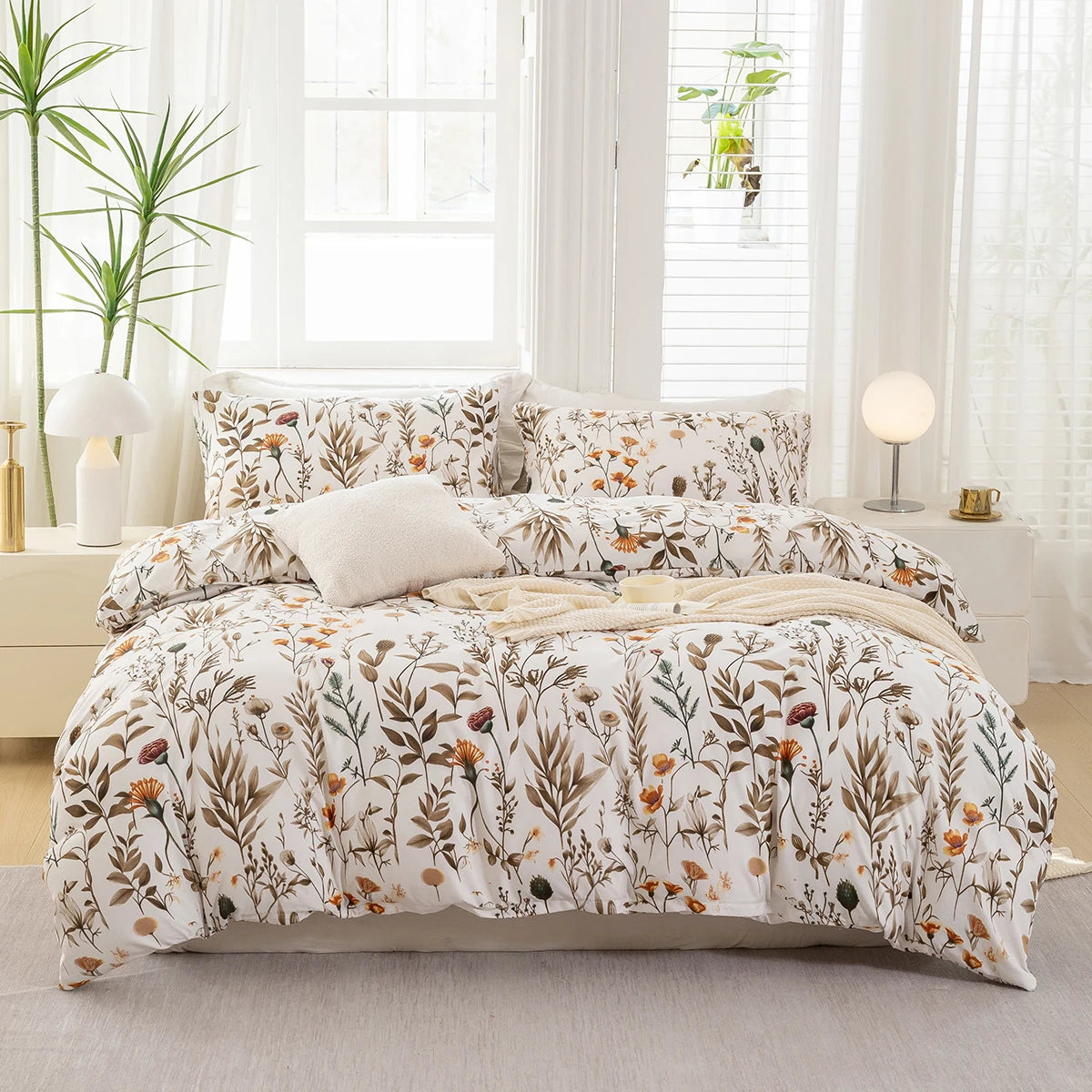 housse couette motif floral moderne pièces blanc cassé orange marron vert douce machine laver