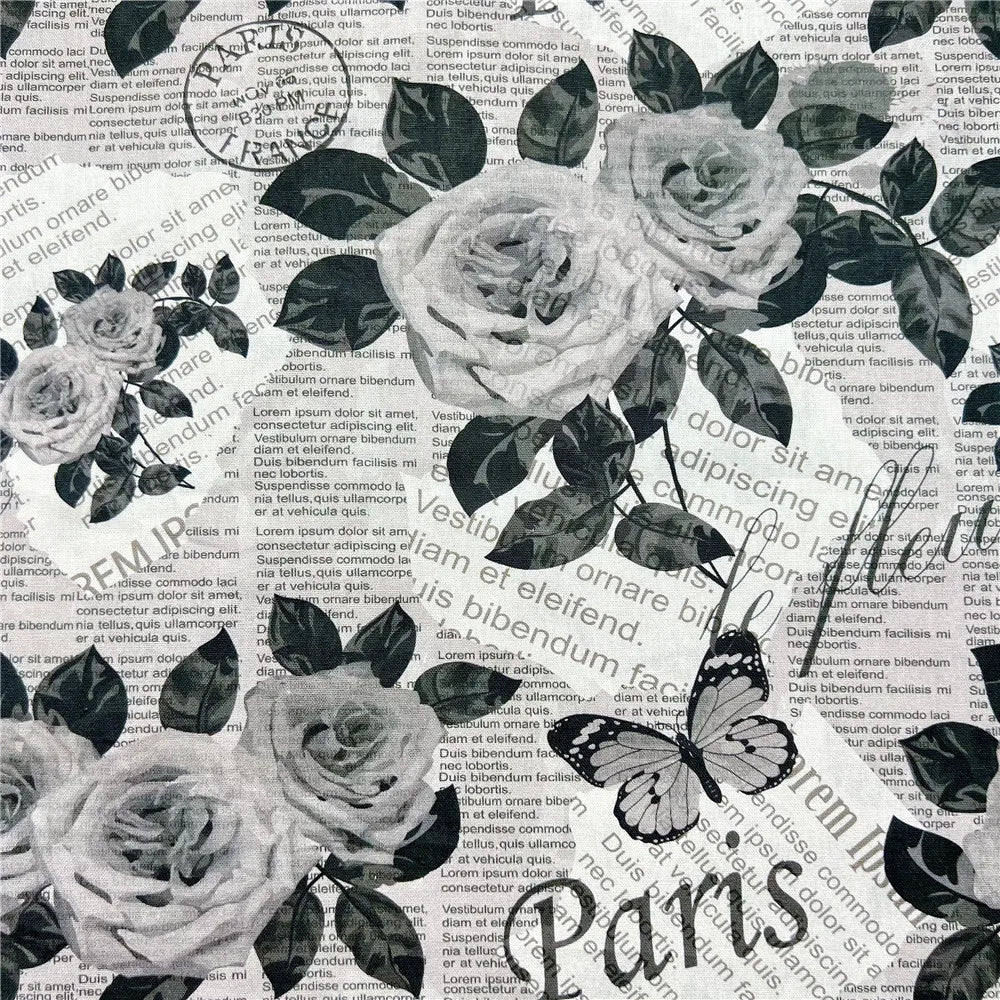 tissu élastique 100 polyester gris noir blanc roses papillons vintage romantique protection uv bricolage