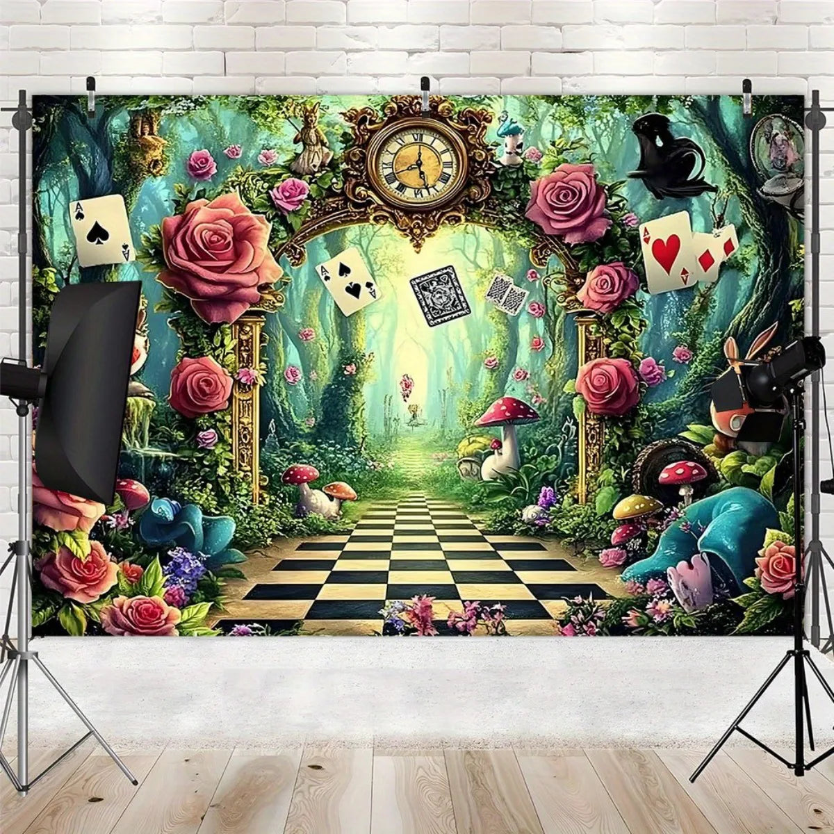 toile fond décorative alice merveilles roses cartes lapin chapeau horloge champignons vert bleu rose