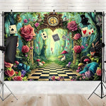 toile fond décorative alice merveilles roses cartes lapin chapeau horloge champignons vert bleu rose