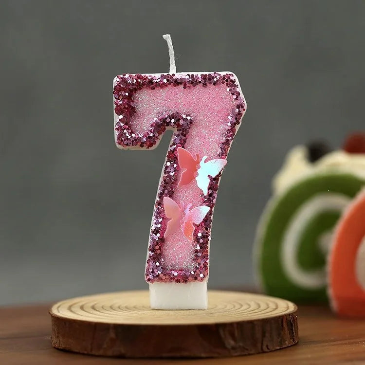 bougies numéraires pailletées rose violet blanc papillons relief décoration fil fixe anniversaire saint valentin