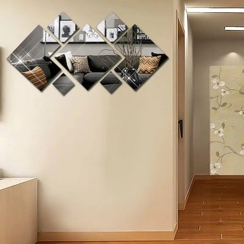 miroir géométrique argenté diamant moderne adhésif chambre salon couloir décoration entrée maison DIY bricolage