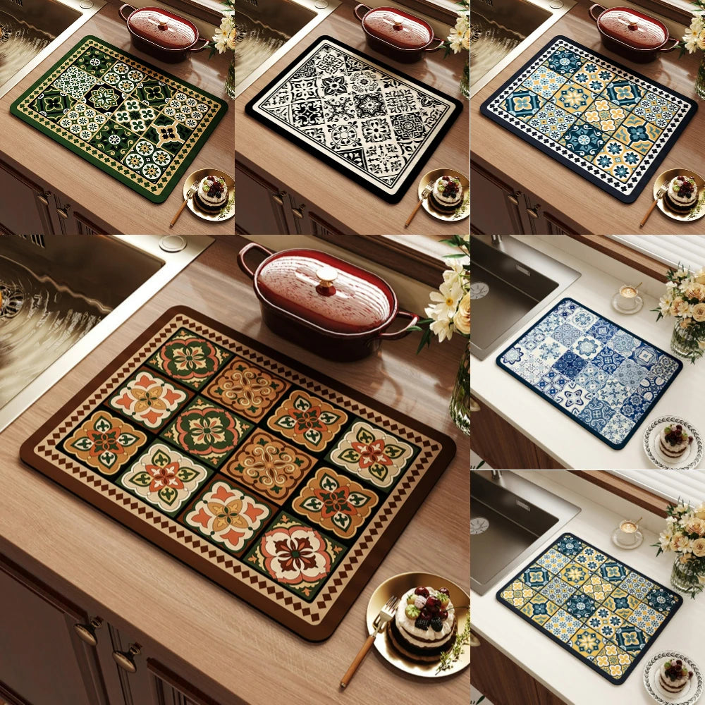 tapis cuisine absorbant motif géométrique décoratif antiderrapant séchage vaisselle moderne maison