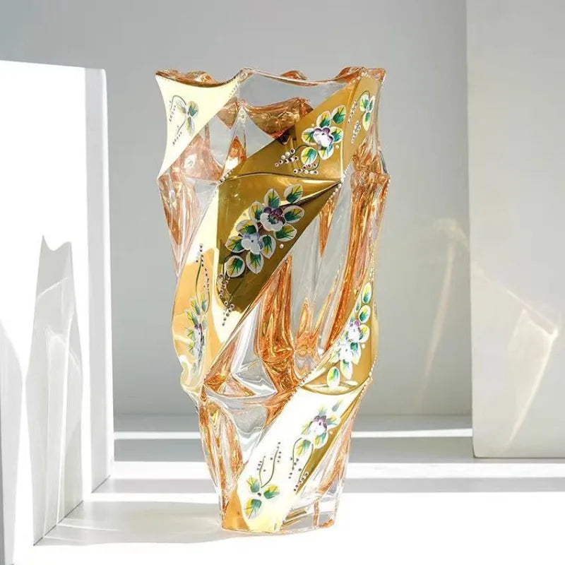 Vase décoratif moderne transparent torsadé motifs floraux dorés élégants handcrafted