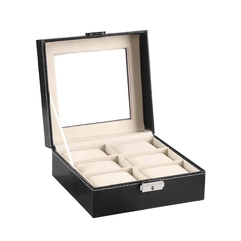 boîte rangement montres cuir noir intérieur beige classique verre transparent compartiments bouton pression