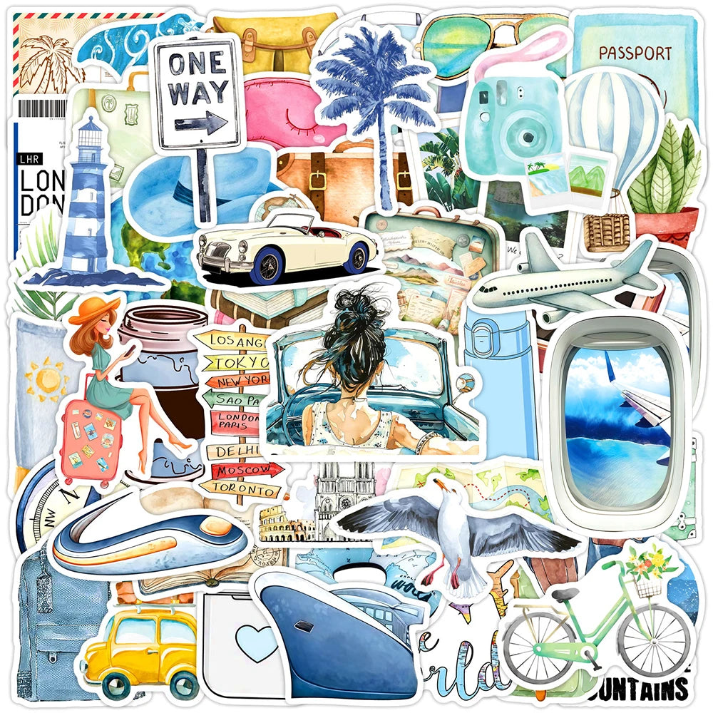 autocollants multicolores thème voyage cartes postales bagages avions scrapbook décoration bricolage ordinateur portable téléphone