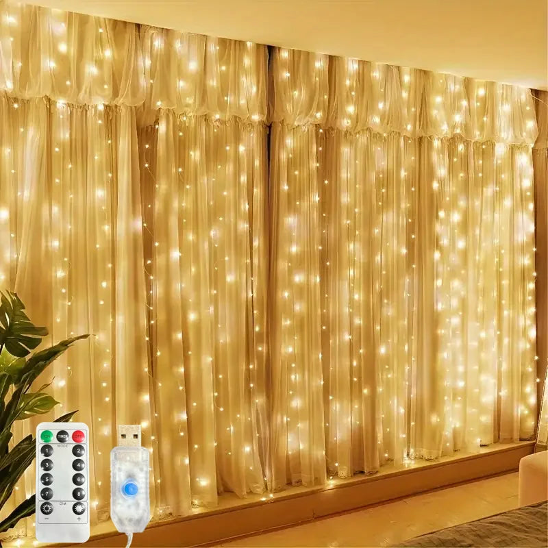 rideau lumineux led blanc jaune doré moderne télécommande câble usb noël festive