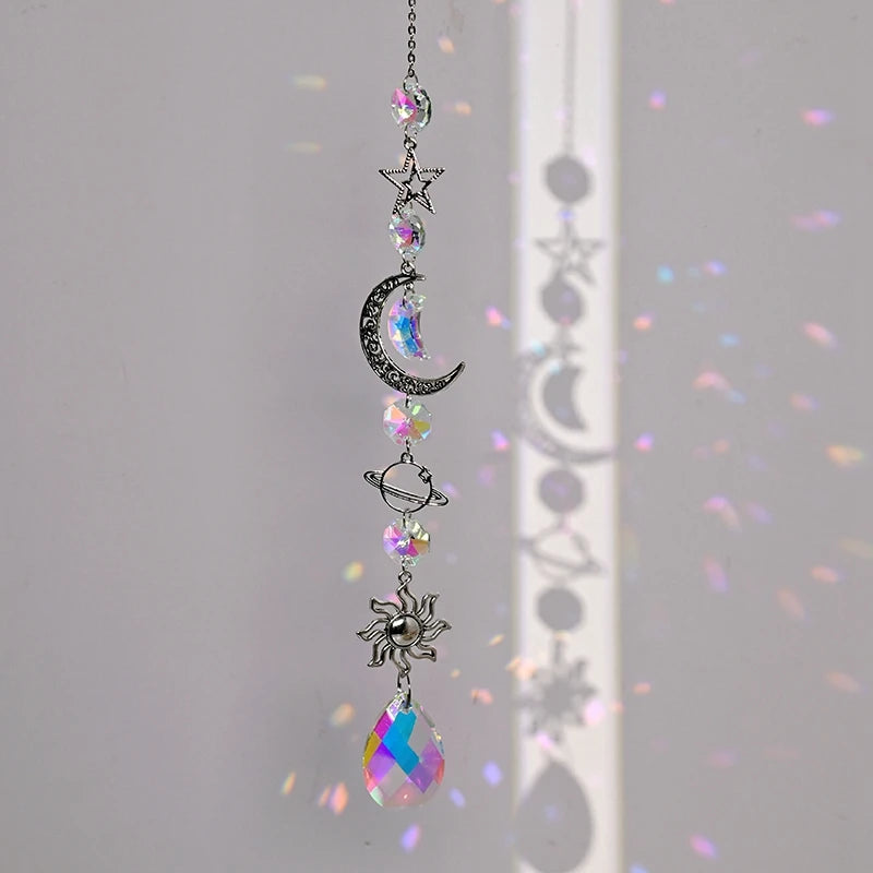 pendentif boho cristal multicolore soleil lune étoiles cosmique or argent