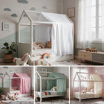 lit cabane enfant blanc moderne minimaliste coussins rideaux latéraux tapis