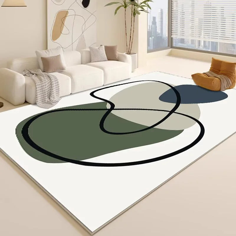 Ce tapis contemporain aux formes géométriques apporte une touche de design épuré et élégant à cet espace de vie lumineux.
