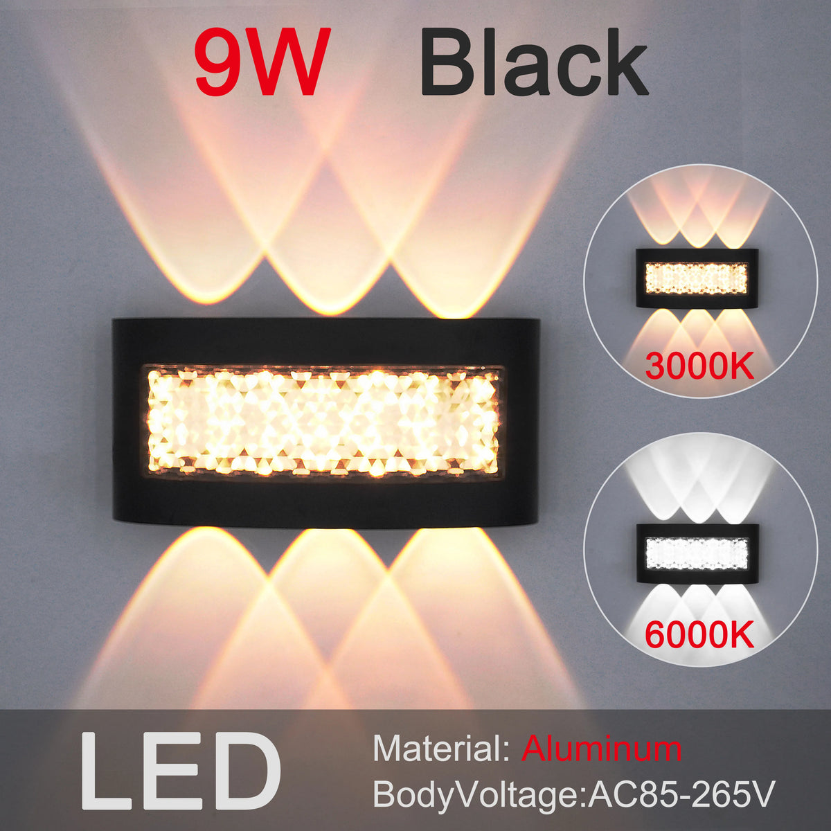 lampe murale led moderne noire ip55 résistante alimentation 110v 220v 7w 9w 11w