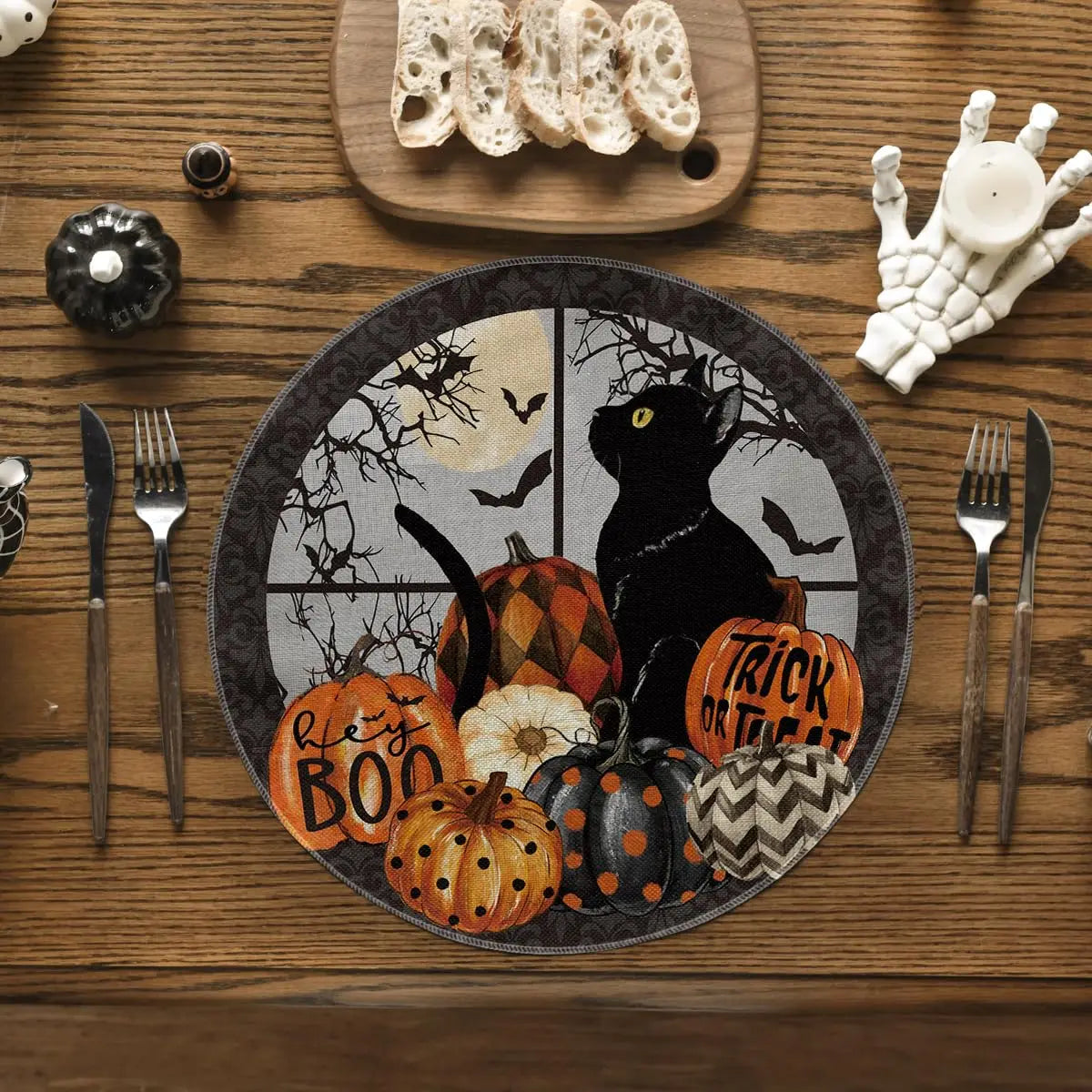 assiettes halloween chat noir citrouille décoration table fête cuisine motif orange noir blanc gris