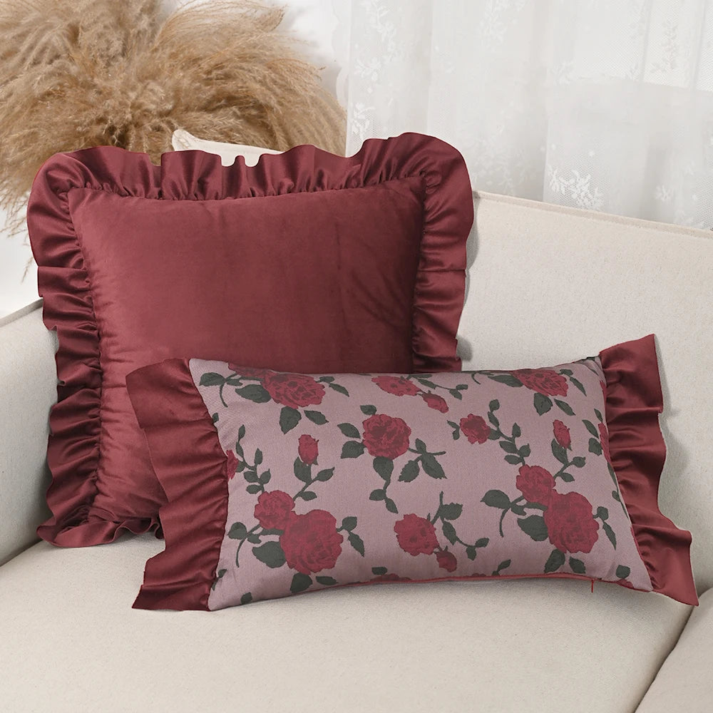 taies d'oreiller jacquard fleur roses rouges feuilles vertes vintage opacité fixation oreillettes maison lit