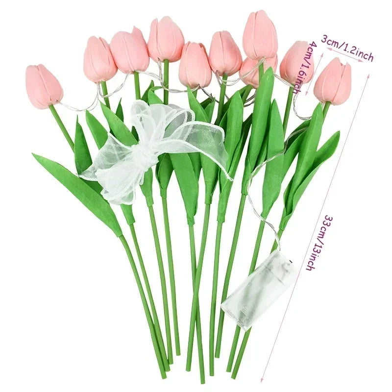 bouquet tulipes artificielles jaune blanc rose decoration intérieure nuit lumière cadeau anniversaire mariage