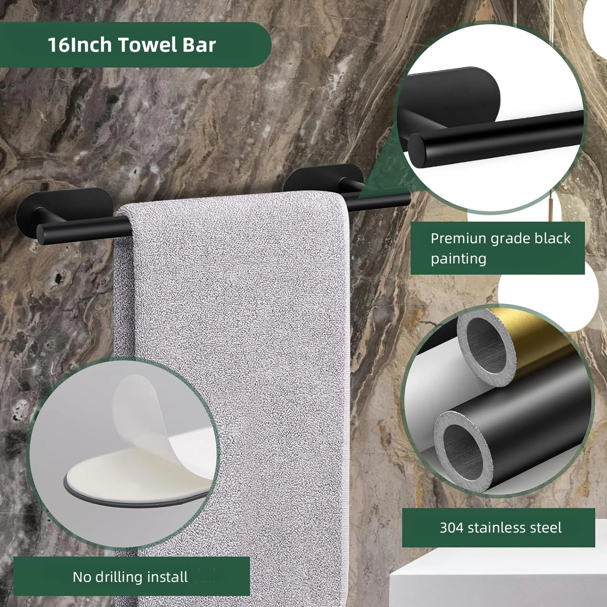 ensemble matériel salle bain noir barre serviettes anneau porte papier pad auto adhésif moderne