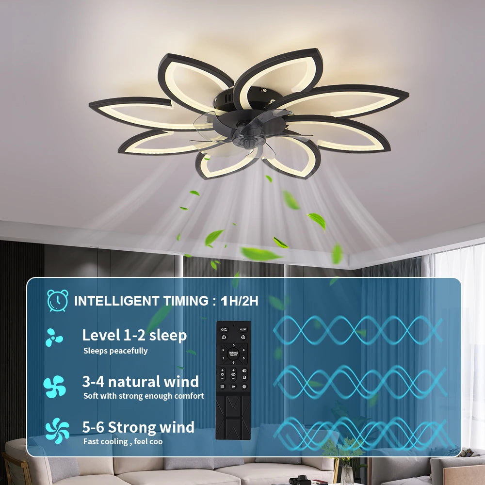 ventilateur moderne led télécommande noir blanc feuilles stylisées fixations invisibles chambre restaurant