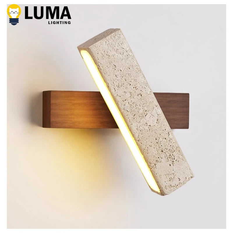 lampe murale led moderne minimaliste pierre bois marron clair interrupteur texture granitique