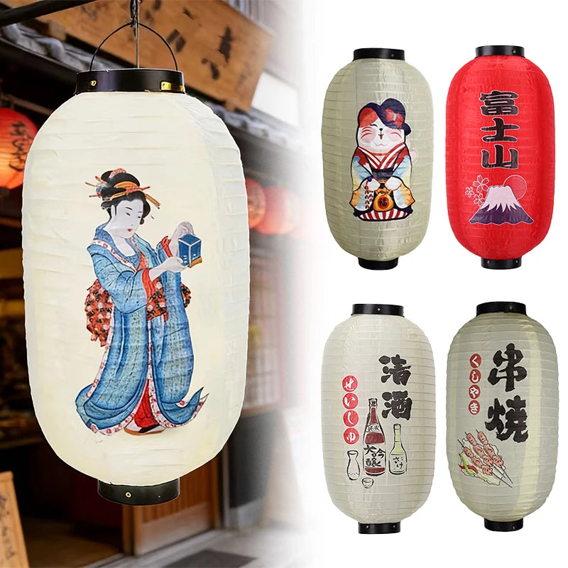 lanterne japonaise traditionnelle papier blanc rouge motif kimono chat mont fuji sakura décoration suspendue
